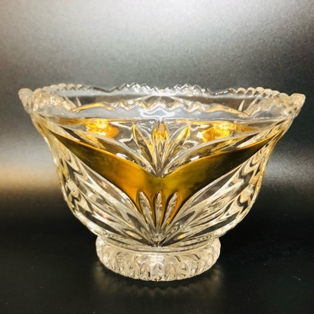 Vintage 80s Anna Hutte Bleikristall 24% Lead Crystal Hand Painted Gold 6” Bowl